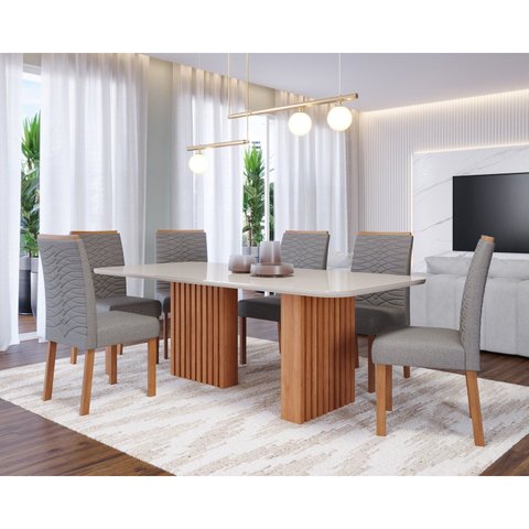 Conjunto Sala de Jantar 6 Lugares Retangular Tampo de Vidro/MDF Ester Cadeiras Clarice Wood Marrom/C
