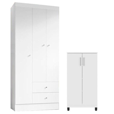 Guarda Roupa Solteiro Versa 3 Portas Branco Rosa Flex Fosco com Armário Multiuso Brisa Branco Fosco 