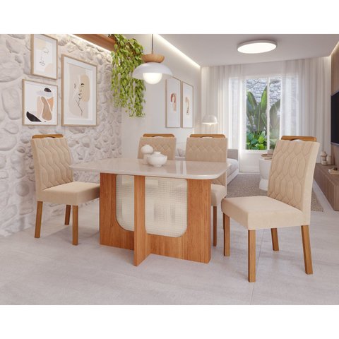 Sala de Jantar Louise 130cm com 4 Cadeiras Paola Wood Marrom/Cinamomo/Off White/Madeira/Nude
