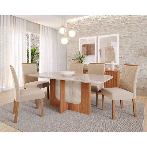 Sala de Jantar Louise 180cm com 06 Cadeiras Fernanda Wood Marrom/Cinamomo/Off White/Madeira/Nude