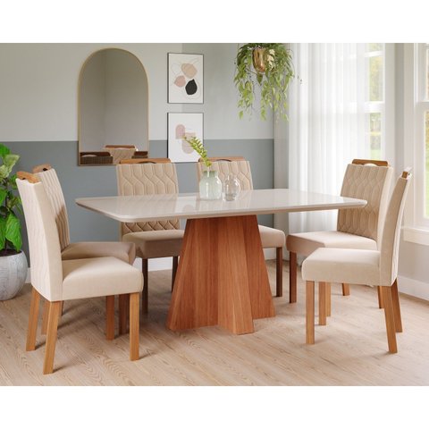 Sala de Jantar Maite 160cm com 6 Cadeiras Paola Marrom/Cinamomo/Off White/Madeira/Nude