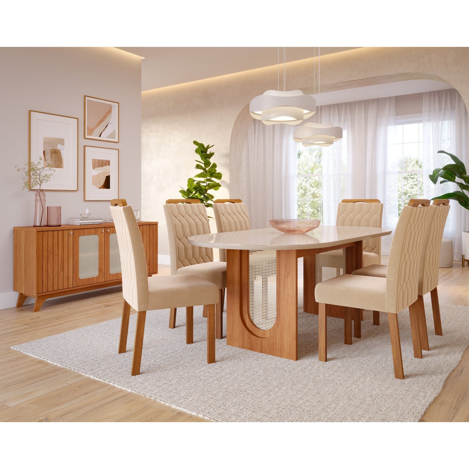 Conjunto Sala de Jantar Mesa Valentina Oval MDF 6 Cadeiras Madeira Maciça