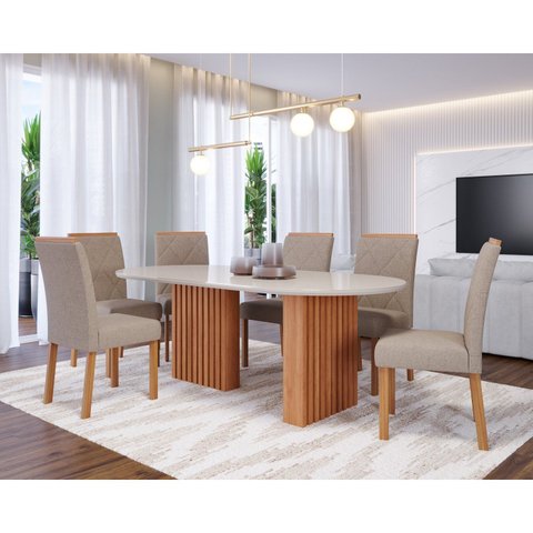 Conjunto Sala de Jantar 6 Lugares Oval Tampo de Vidro/MDF Ester Cadeiras Fernanda Wood Marrom/Cinamo