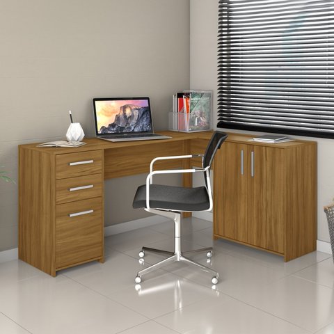 Escrivaninha Mesa Escritório em L Office Nt 2005 2 Gavetas 3 Portas 157cm Freijo Trend