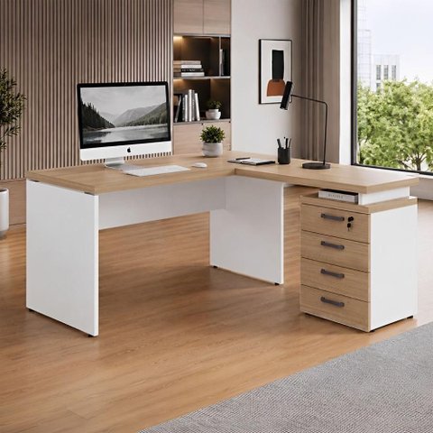 Mesa em L Escritório Gaveteiro 4 Gavetas 150cm Macadâmia com Branco F5 Office
