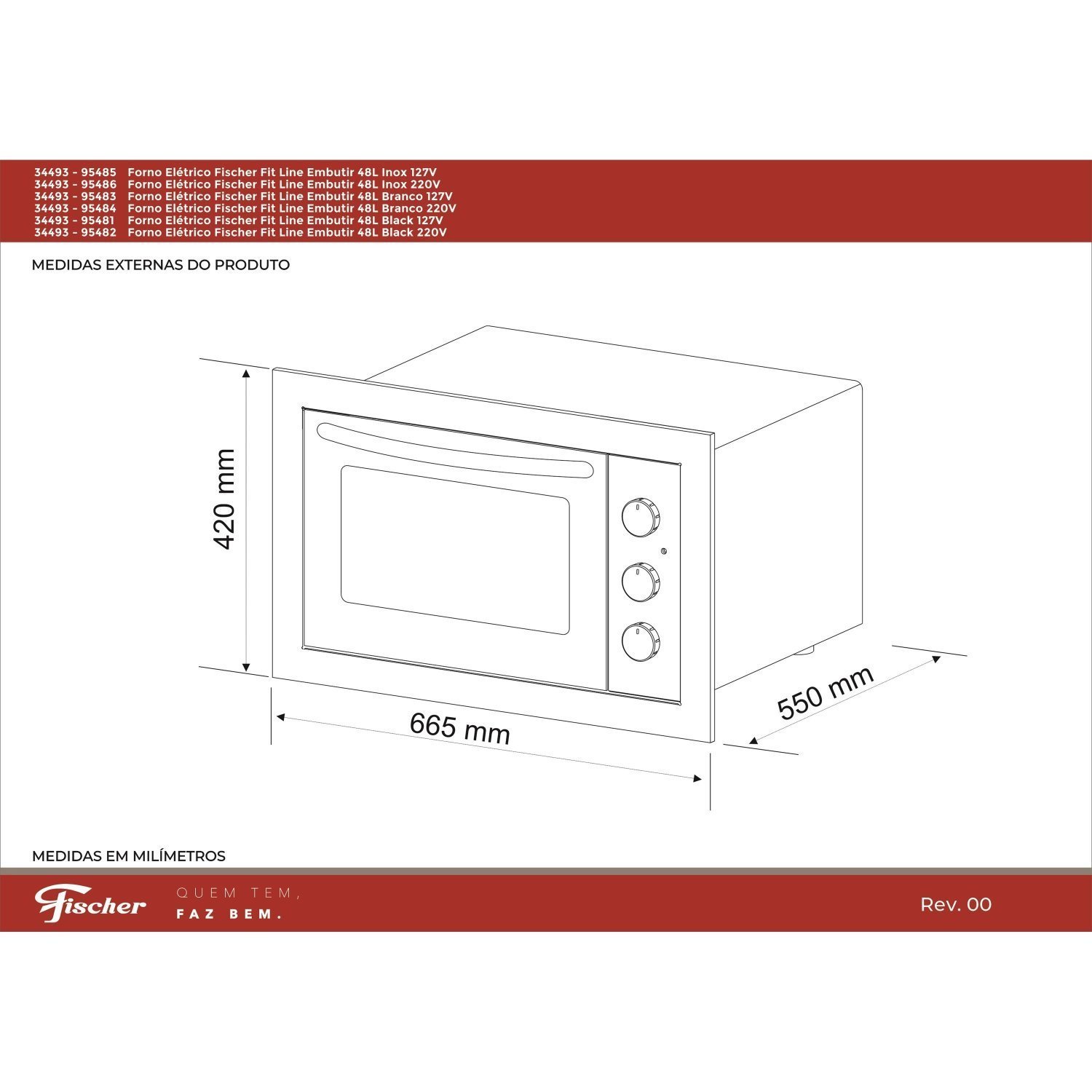 Forno Eletrico Fischer Fit Line Embutir 48l Frontal Branco 220v - 2