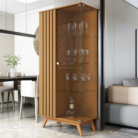 Cristaleira Ripada com Vidro Temperado e Pés em Madeira Maciça 100% MDF 180CMX80CM Açaí Bege