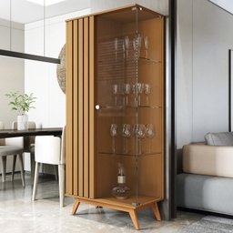 Cristaleira com Lateral e Porta Ripada Jb Açaí Vidro Temp 4mm e Pés e Travessas em Madeira Maciça - 1