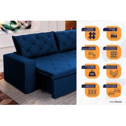 Sofá Cama Retrátil Reclinável 3,00m Bangkok Suede Velut Azul Marinho Molas no Assento - King - 4