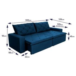 Sofá Cama Retrátil Reclinável 3,00m Bangkok Suede Velut Azul Marinho Molas no Assento - King - 3