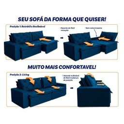 Sofá Cama Retrátil Reclinável 3,00m Bangkok Suede Velut Azul Marinho Molas no Assento - King - 5
