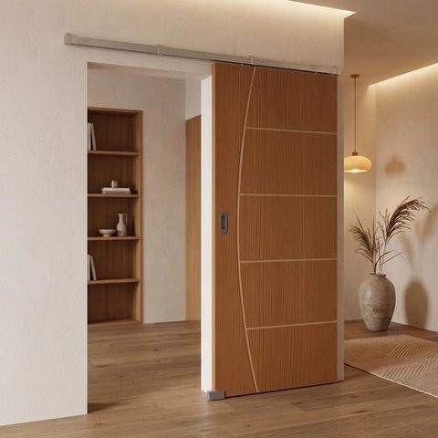 Porta Ipê Champanhe Friso 9 110x210cm + Kit Correr Alumínio