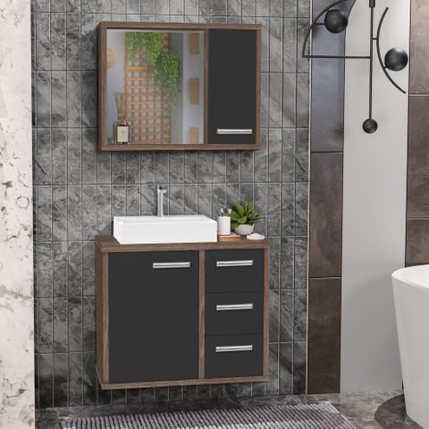 Gabinete para Banheiro com Cuba e Espelho Incluso Turin 60 - Avelato / Preto