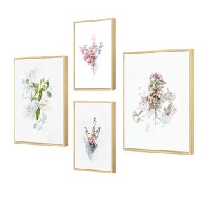 Kit 4 Quadros Decorativos Mninimalista Floral Rosa Quarto Elegante
