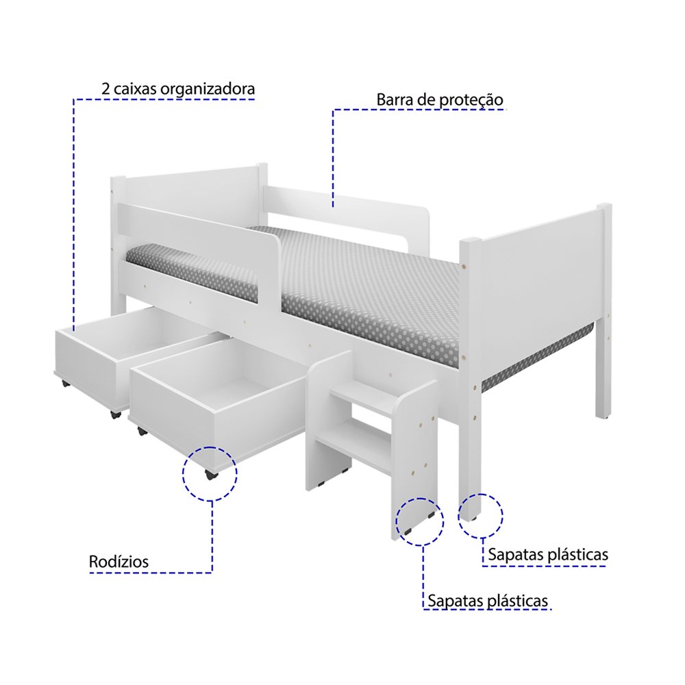 Cama Infantil com 2 Baus Organizador e Escada Luna Plus Branco - 2