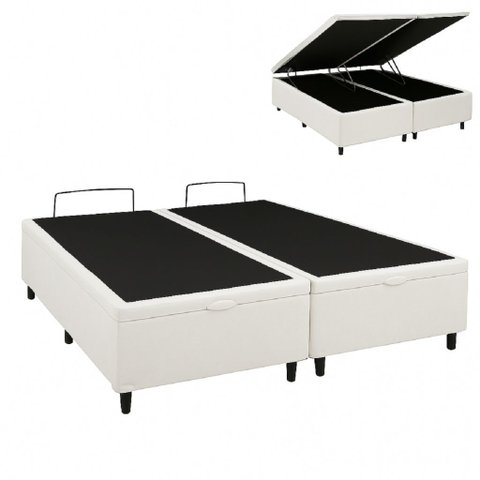Cama Box Baú Casal 138x188cm, Base Bipartida Reforçada, Corino Branco, Montagem Não Necessária