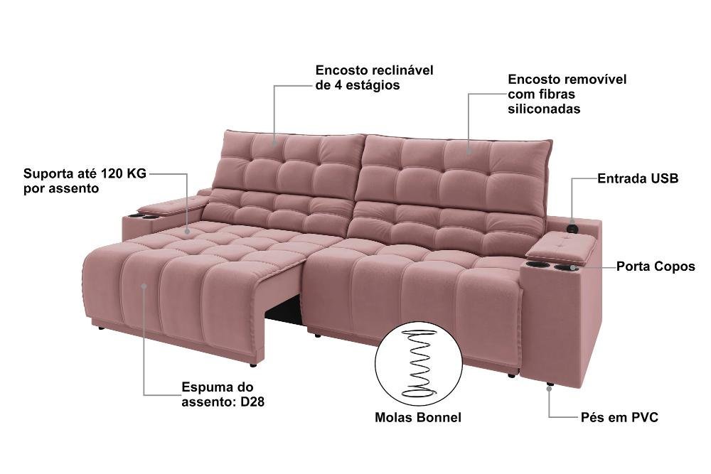 Sofá Connect Premium 2,30m Assento Retrátil/reclinável com Porta Copos e Entrada Usb Suede Nude - 4