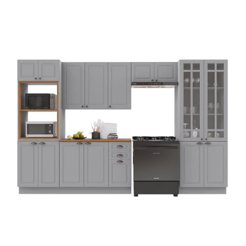 Armário de Cozinha Modulada Completa Fidelitá Nara 100% MDF 5 Peças 350cm 16 Portas 2 Gavetas com