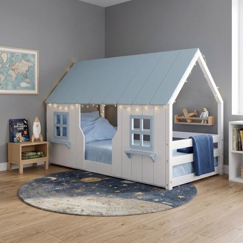 Cama Montessoriano Casinha Encantada Madeira Maciça Branco/ Azul | Housin