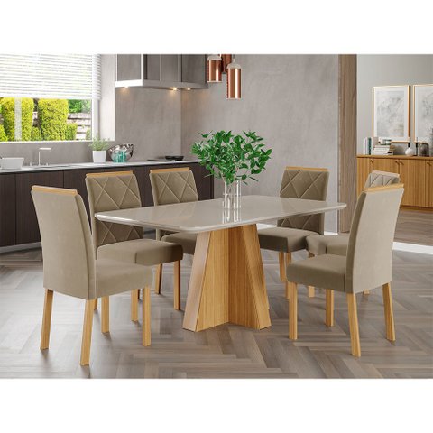 Mesa para Sala de Jantar Maite 160 cm com 6 Cadeiras Fernanda Cimol Nature/Off White/Joli Mesa Maite