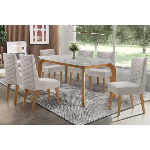 Kit Mesa Londrina Tampo Vidro 180cm + 6 Cadeiras Dafne Imbuia Bege