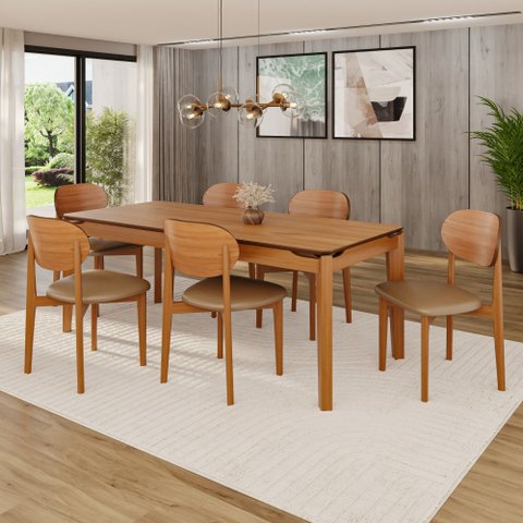 Conjunto Sala de Jantar Mesa 180x90cm 6 Cadeiras em Madeira Maciça com Assento Estofado Jade