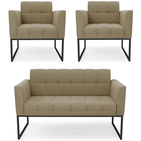 Sofá Namoradeira e 2 Poltronas Base Industrial Preto Ana Suede Marrom Rt
