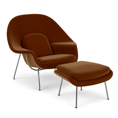 Poltrona Womb Chair com Puff Decorato Canela Aço Inox
