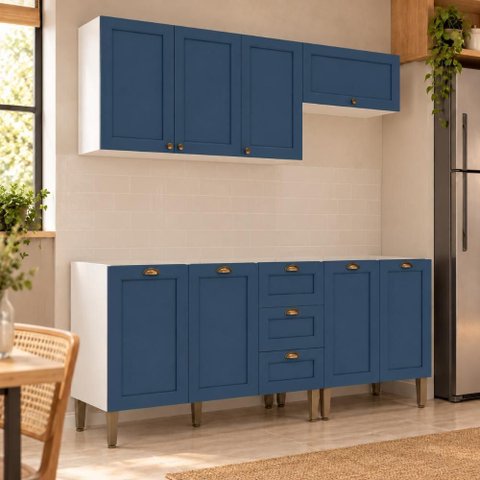 Cozinha Completa Modulada 4 Peças 8 Portas 3 Gavetas 190cm Provençal Branco/Azul - Mademovel