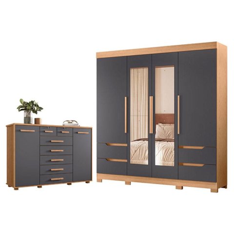 Guarda Roupa Solteiro Vivacce 04 Portas com Espelho e Cômoda Fontana Freijo Titanium- Móveis Albatro