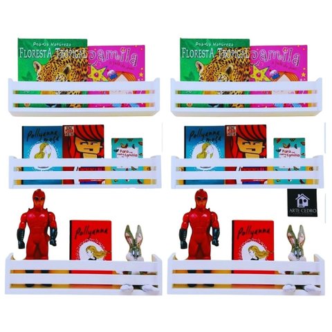 Jogo 6 Prateleiras Para Quarto infantil Nicho De Parede Porta Livro 55cm