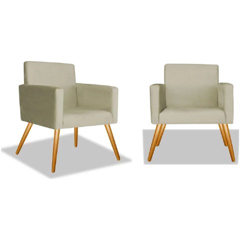 Kit 2 Poltrona Suede Bege Marcela Decorativa Pés Palito Imbuia Mel Cadeira para Sala Recepção