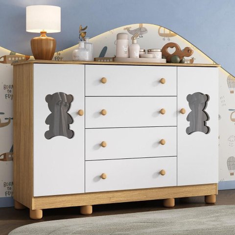 Cômoda Infantil 125cm 2 Portas com Vidro e 4 Gavetas Fofura Multimóveis Mp4485 Madeirado/branco