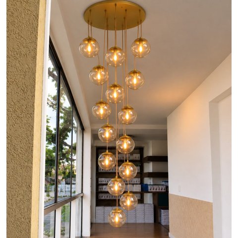 Pendente Moderno Glass 60cm 15 Vidros Âmbar 20cm C Lâmp. LED