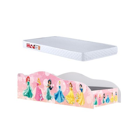 Conjunto Cama Carro Princesas Rosa com Proteção Lateral MDF e Colchão Quarto Menina Delicada