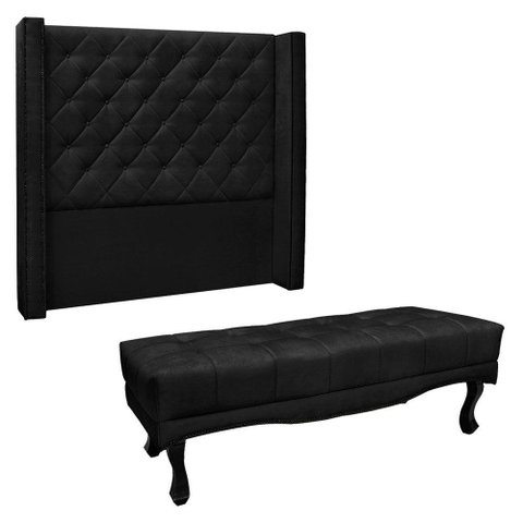 Kit Cabeceira e Calçadeira Recamier King 1,95m Suede Preto