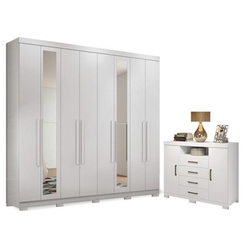 Guarda Roupa Casal Master New 8 Portas 4 Gavetas MDP 239cm Branco Brilho com Cômoda Havana Santos