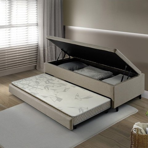 Bicama B&G com Baú Solteirão Reforçado 96x203cm e Cama Auxiliar 78X188x12 em Linho com Colchão Ecoline Ecoflex