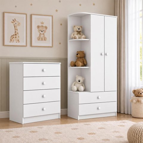 Jogo de Quarto Infantil Labirinto com Guarda Roupa e Cômoda Branco - Móveis Henn