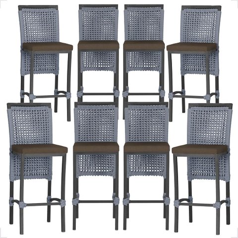 8 Banquetas em Alumínio Roma Preta Corda Náutica Tecido 9