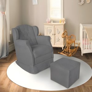 Poltrona Amamentação Cadeira Reforçada Balanço Puff Suede:cinza