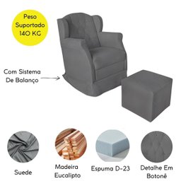 Poltrona Amamentação Cadeira Reforçada Balanço Puff Suede:cinza - 4