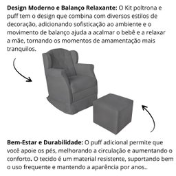 Poltrona Amamentação Cadeira Reforçada Balanço Puff Suede:cinza - 5