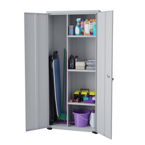 Armário Aço Lavanderia Multiuso Fechadura Prateleiras Vassoura Organizador EA311 Cinza