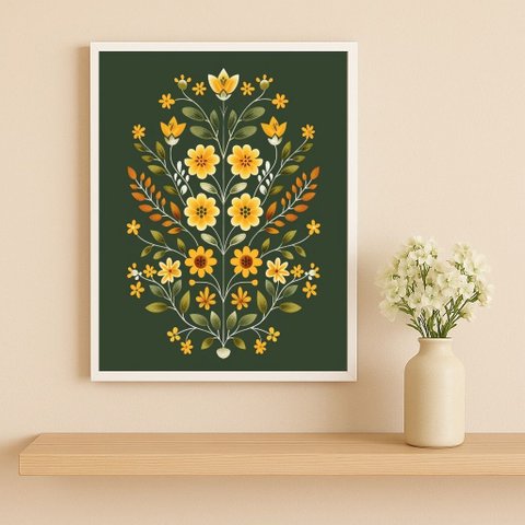 Quadro Flores Verd e Am Folk Art 24x18cm Mold Preta Vidro