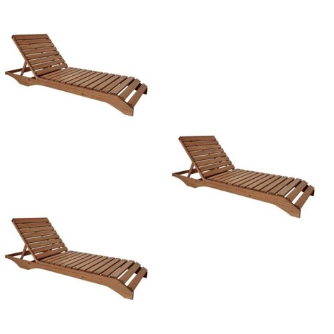 Conjunto 3 Espreguiçadeiras para Jardim em Madeira Maciça Chaise Long Marrom