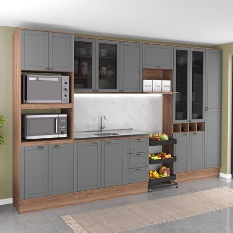 Cozinha Completa com Balcão Milla Focus Plus 16 Portas 3 Gavetas MDF MDP 320cm Nogal com Cinza