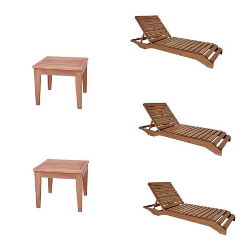 Conjunto 3 Espreguiçadeiras e 2 Mesinhas de Centro para Jardim em Madeira Maciça Marrom
