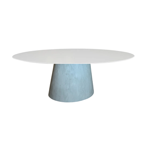 Mesa de Jantar Cone Cimento Queimado Oval 235x122cm Tampo Laca Branca