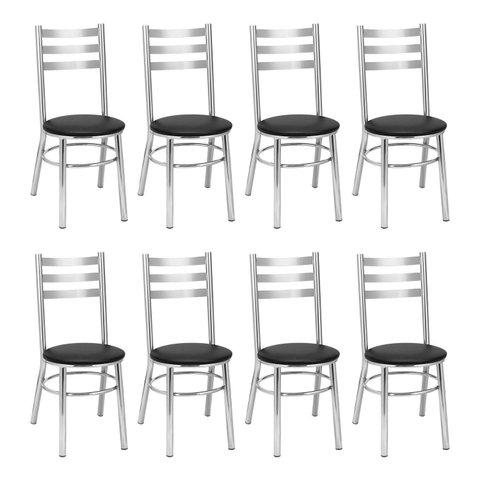 Conjunto 8 Cadeiras para Sala de Jantar Tradicional Cromado/Preto